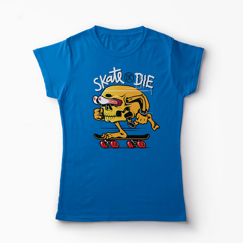 Tricou Craniu Skate or Die - Femei-Albastru Regal